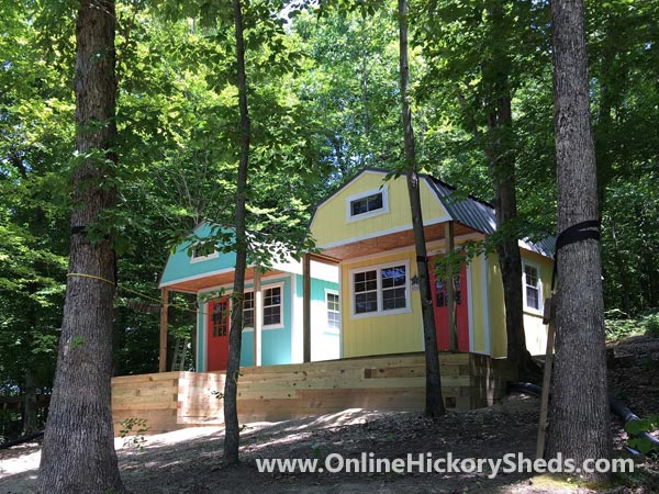 Hickory Sheds Lofted Front Porch Painted in Playful Colors